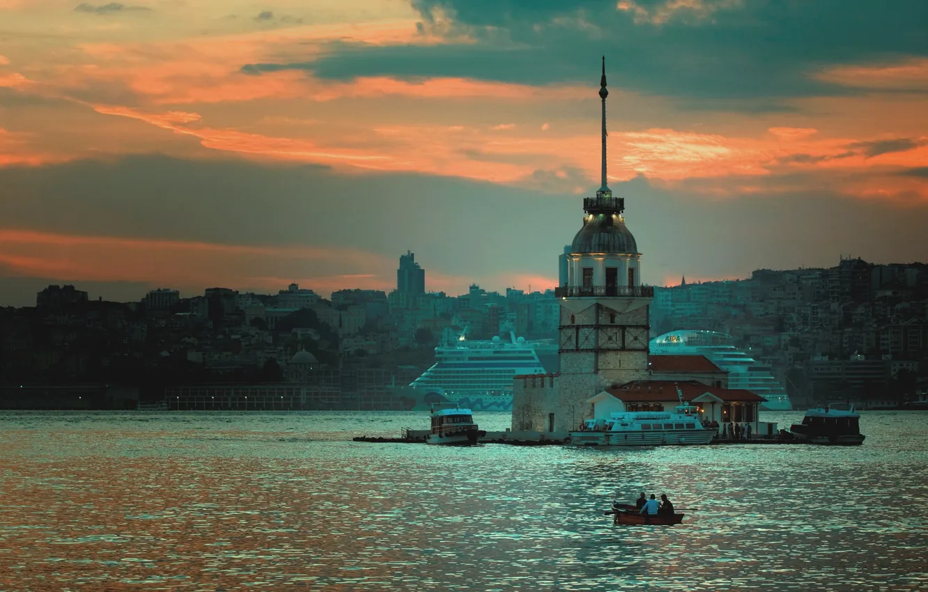 Photo wallpaper sea, sunset, the city, background, Wallpaper, shore, coast, boat