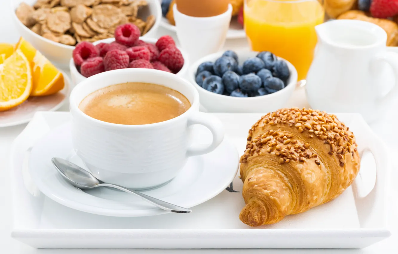 Photo wallpaper berries, coffee, Breakfast, breakfast, croissant, muesli, muesli, fresh berries