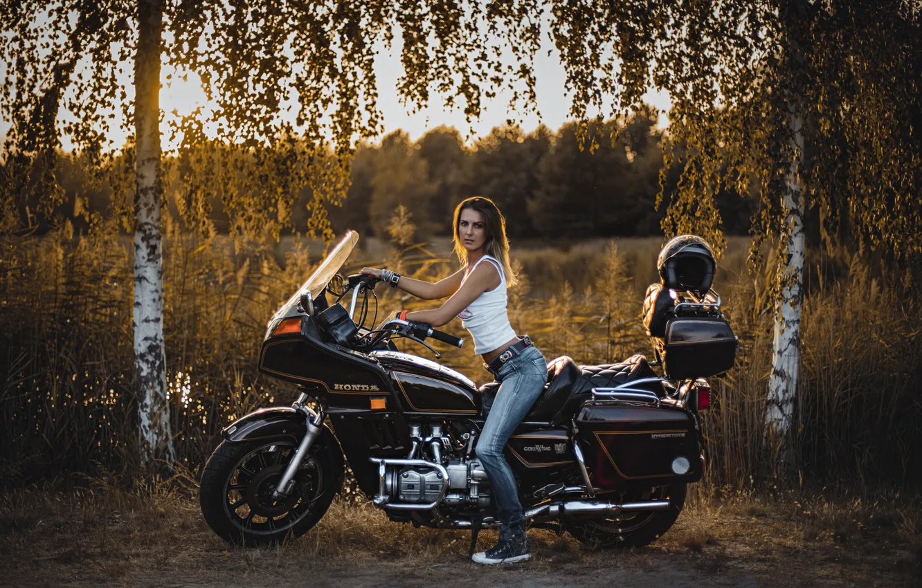 Photo wallpaper girl, trees, style, jeans, motorcycle, Honda, birch