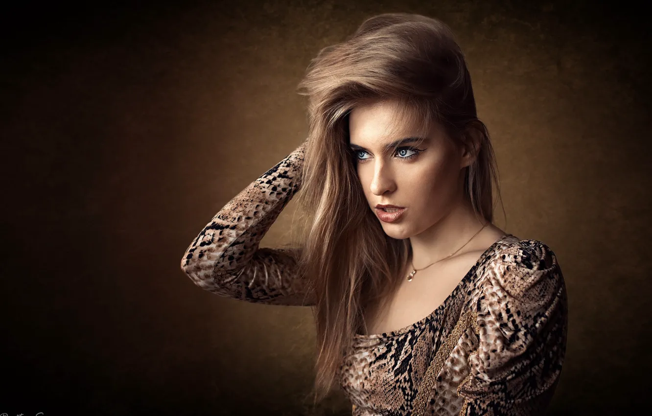 Photo wallpaper pose, background, model, portrait, makeup, dress, hairstyle, brown hair