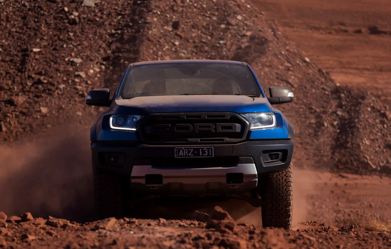 Photo wallpaper blue, Ford, front view, Raptor, pickup, 2018, Ranger