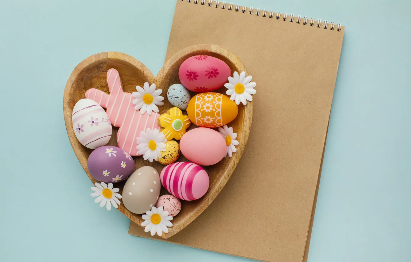 Photo wallpaper chamomile, eggs, spring, colorful, Easter, heart, spring, Easter