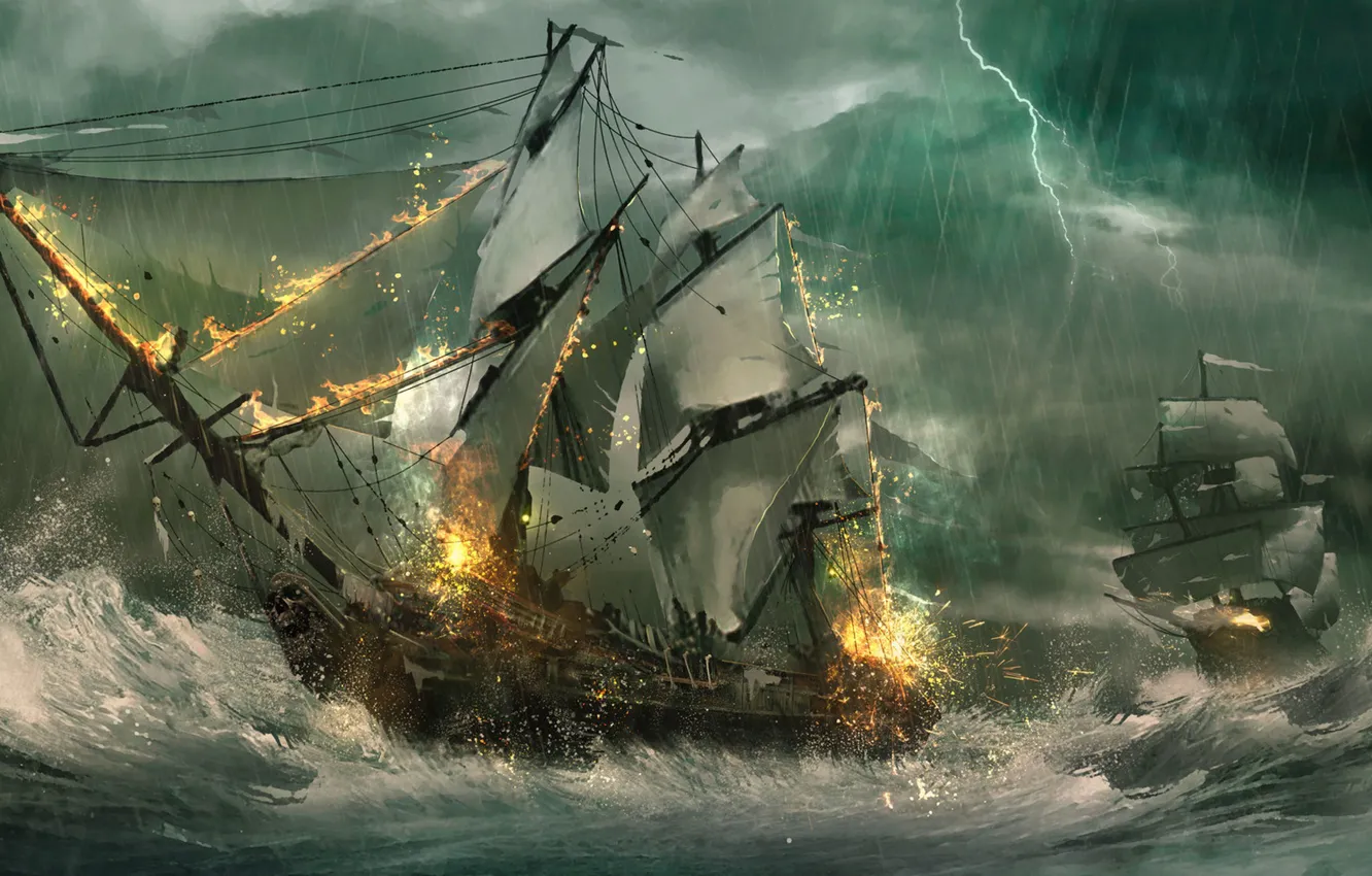 Photo wallpaper sea, wave, storm, lightning, ships, sailboats, frigates, sea battle