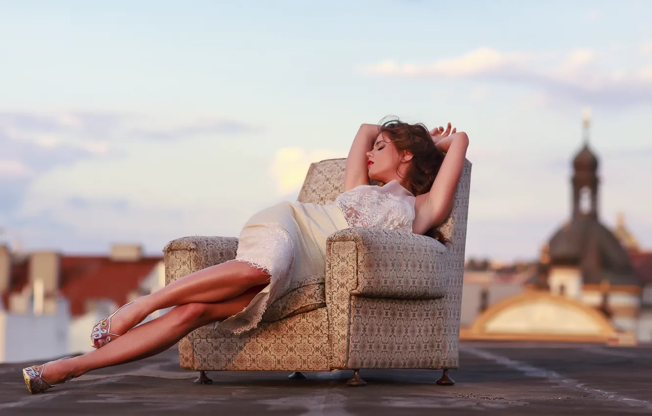 Photo wallpaper girl, dress, legs, style, photo, sunset, model, chair