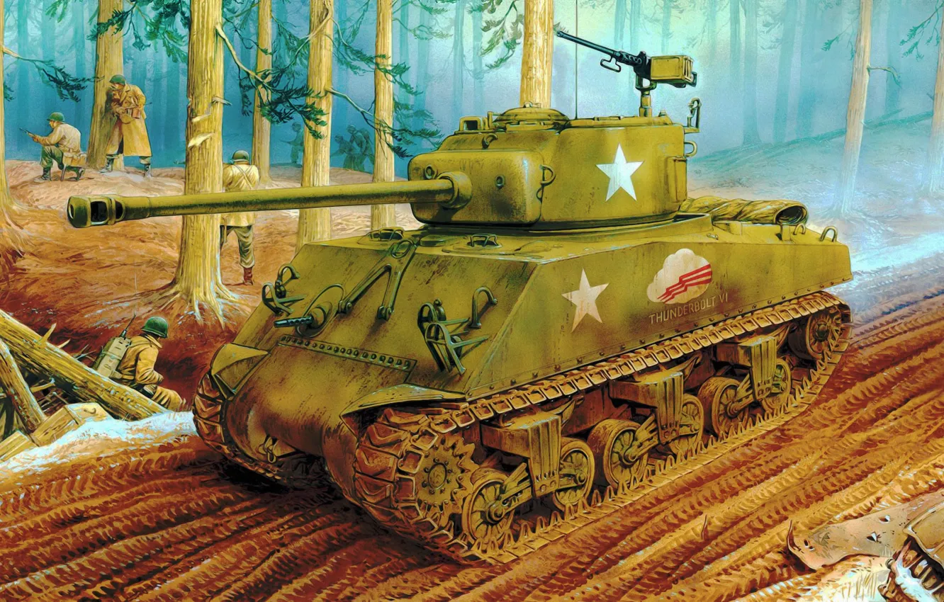 Photo wallpaper war, art, painting, WW2, sherman tank, M4A3 (76)W