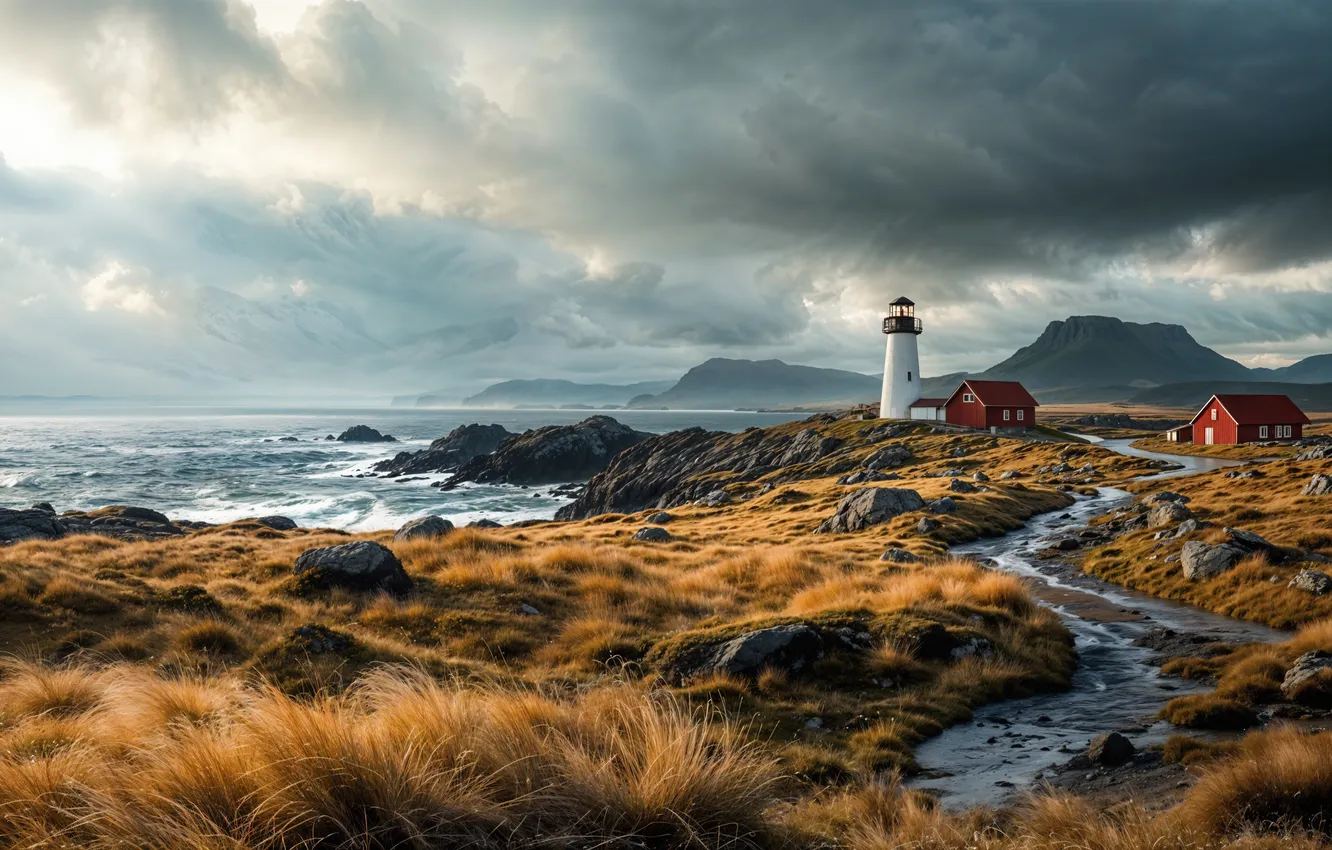Photo wallpaper sea, wave, landscape, clouds, rocks, shore, lighthouse, storm