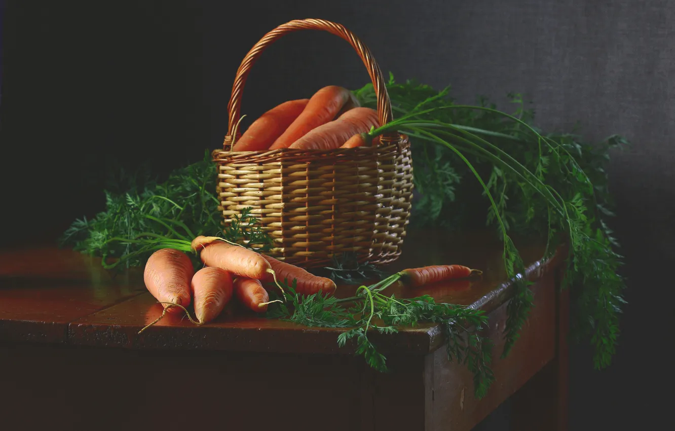 Photo wallpaper greens, the dark background, table, harvest, still life, basket, vegetables, carrots