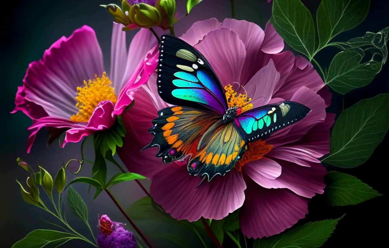 Photo wallpaper summer, macro, flowers, butterfly, graphics, art, pink, bright colors