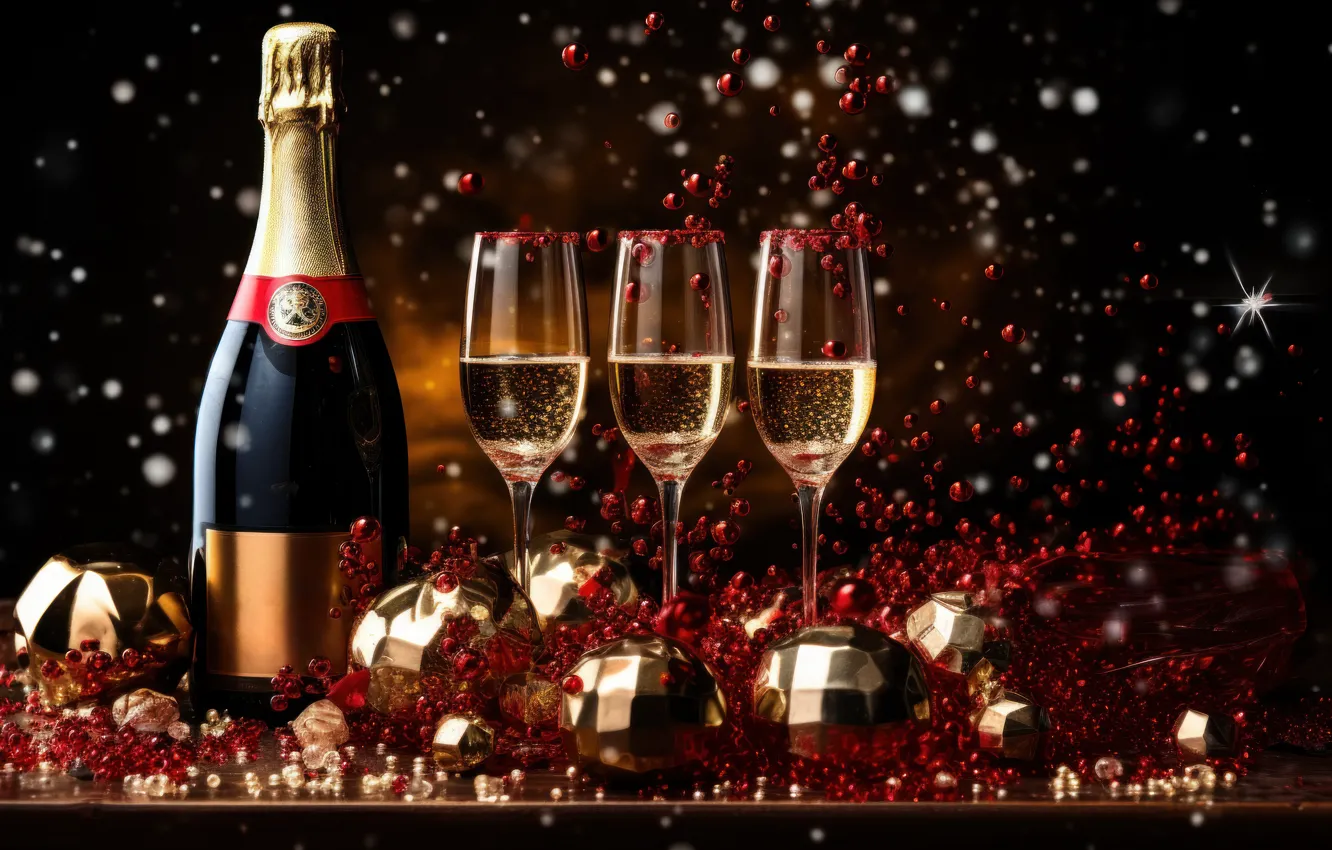 Photo wallpaper balls, lights, holiday, wine, Shine, glass, bottle, new year