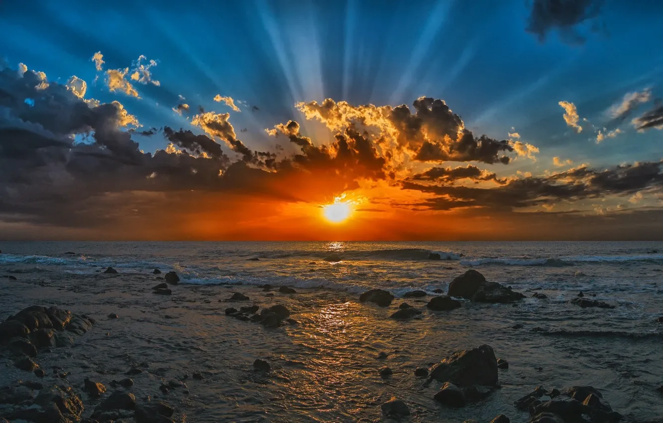 Photo wallpaper the sun, rays, landscape, sunset, nature