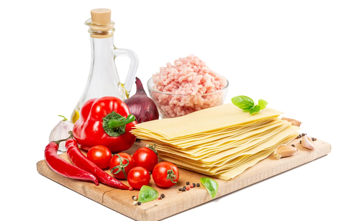 Photo wallpaper Board, meat, pepper, vegetables, tomatoes