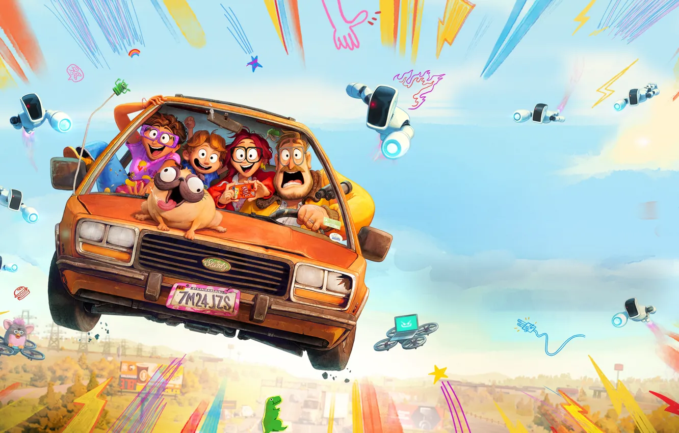 Photo wallpaper Flight, Car, Sony Pictures Animation, 2021, Computer animation, The Mitchells vs the Machines, Sci-fi comedy …
