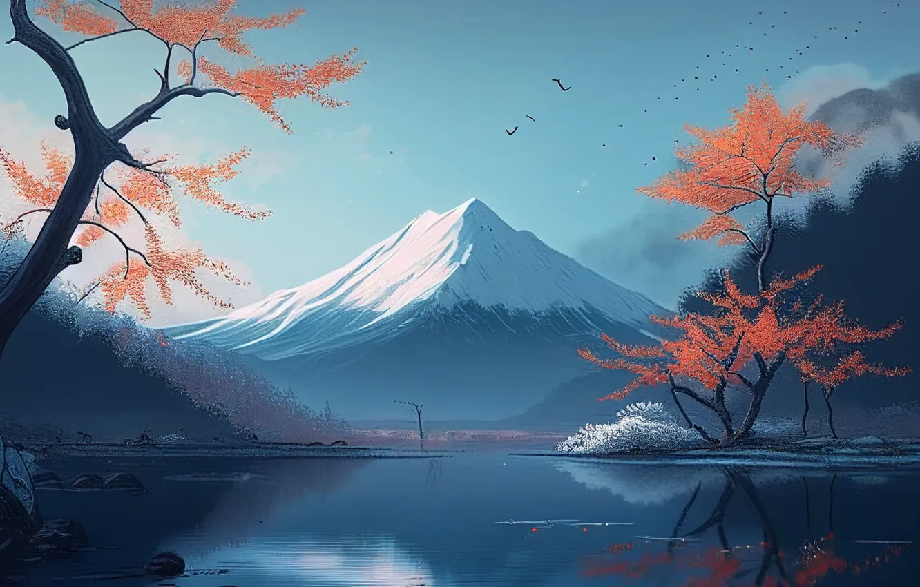 Photo wallpaper autumn, snow, trees, birds, lake, mountain, trees, autumn