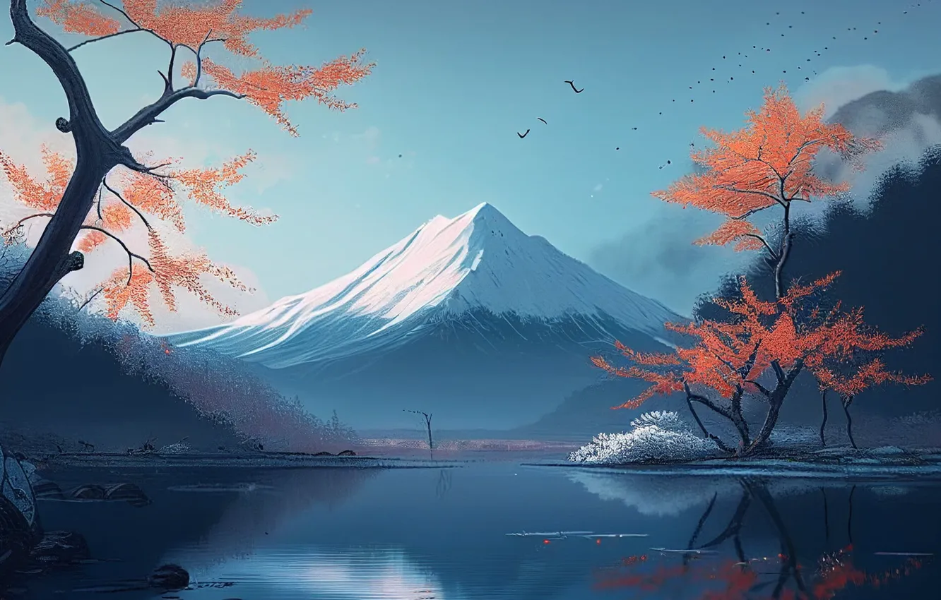 Photo wallpaper autumn, snow, trees, mountains, lake, bird, trees, autumn