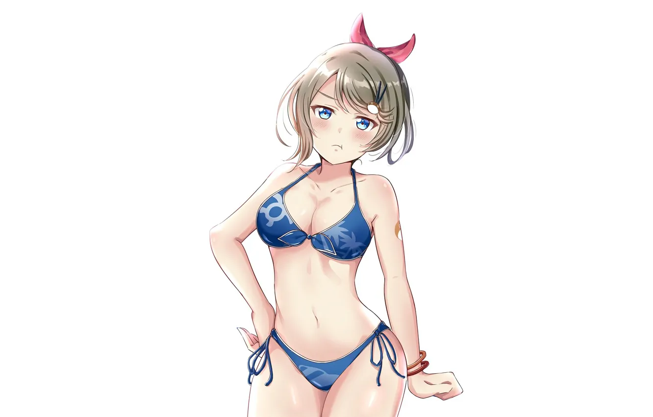 Photo wallpaper girl, sexy, cleavage, boobs, anime, blue eyes, beautiful, short hair