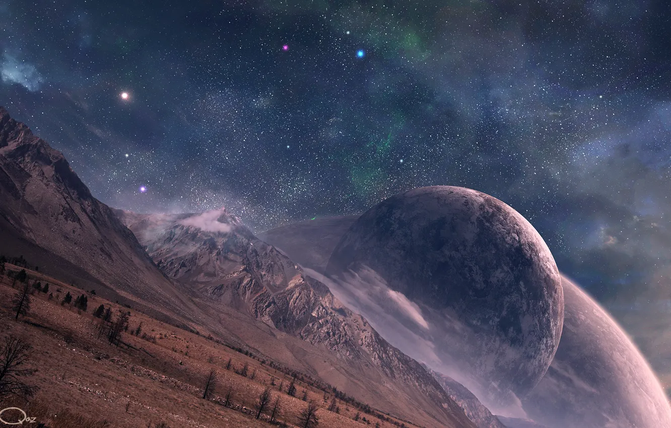 Photo wallpaper stars, surface, mountains, view, planet, art, QAuZ