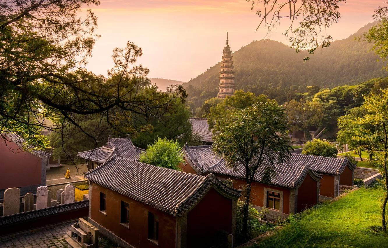 Photo wallpaper the sky, grass, trees, street, home, hill, China, monk