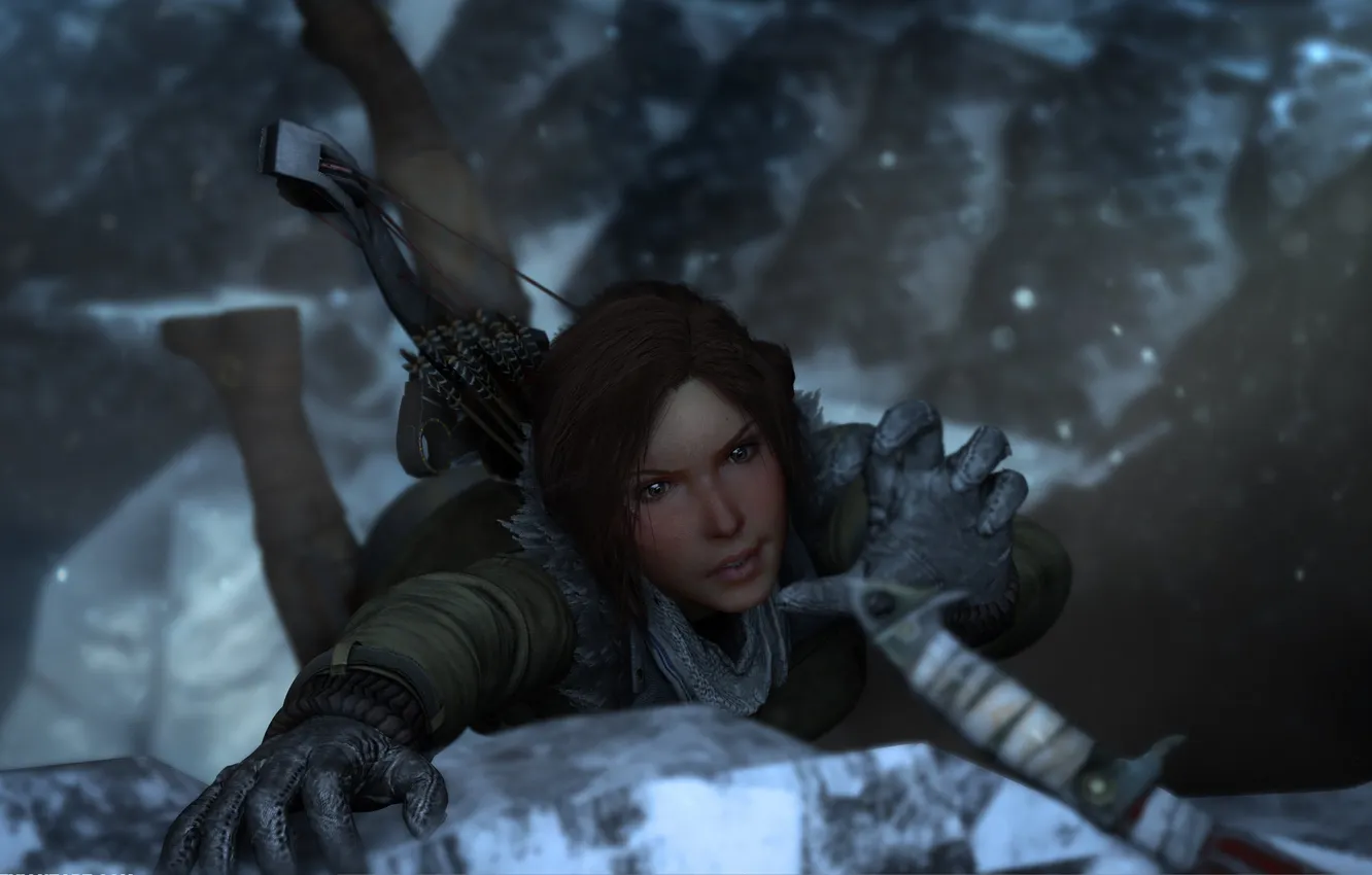 Photo wallpaper cold, look, snow, rock, the game, Lara Croft, ice pick