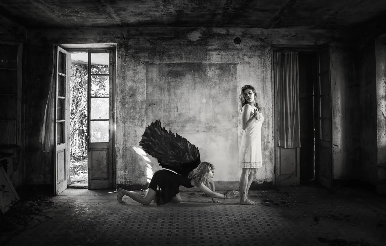 Photo wallpaper room, wings, two girls, in white, in black