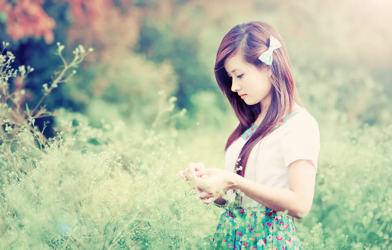 Photo wallpaper Girl, Nature, Grass, Beautiful, Asian, Model, Beauty, Cute