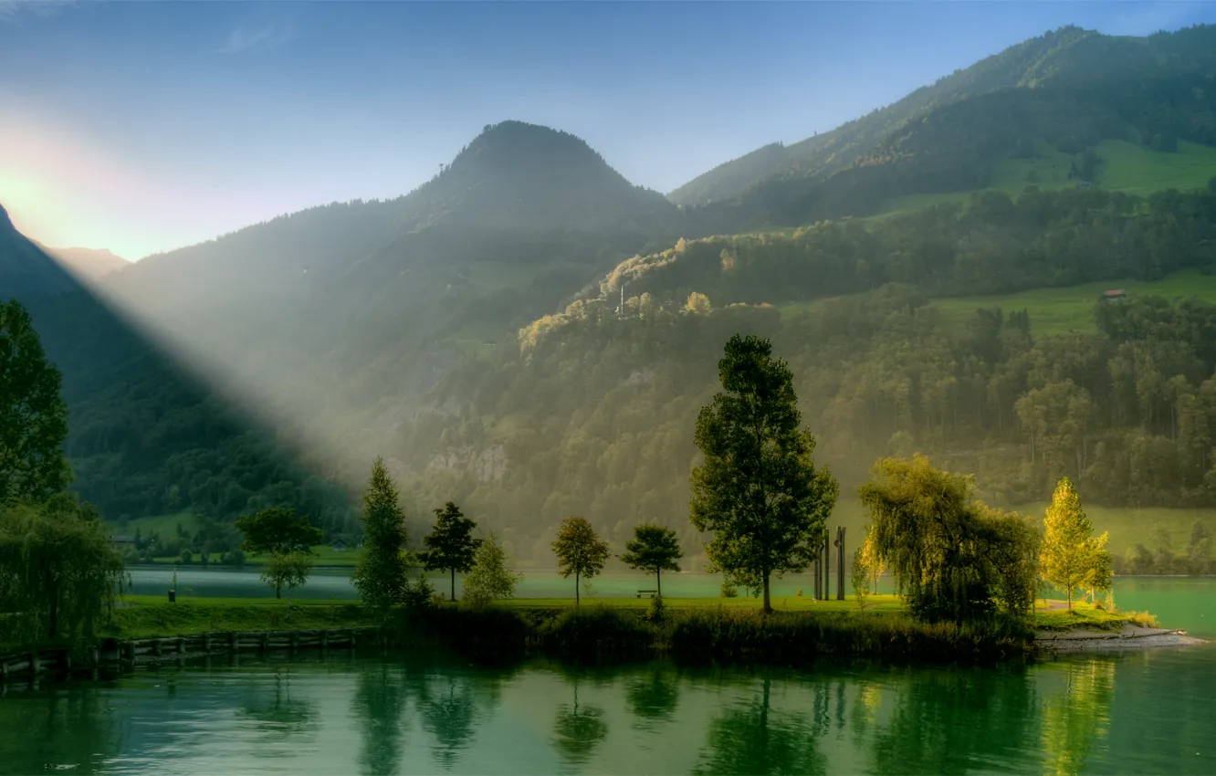 Photo wallpaper greens, the sky, the sun, rays, light, trees, landscape, river