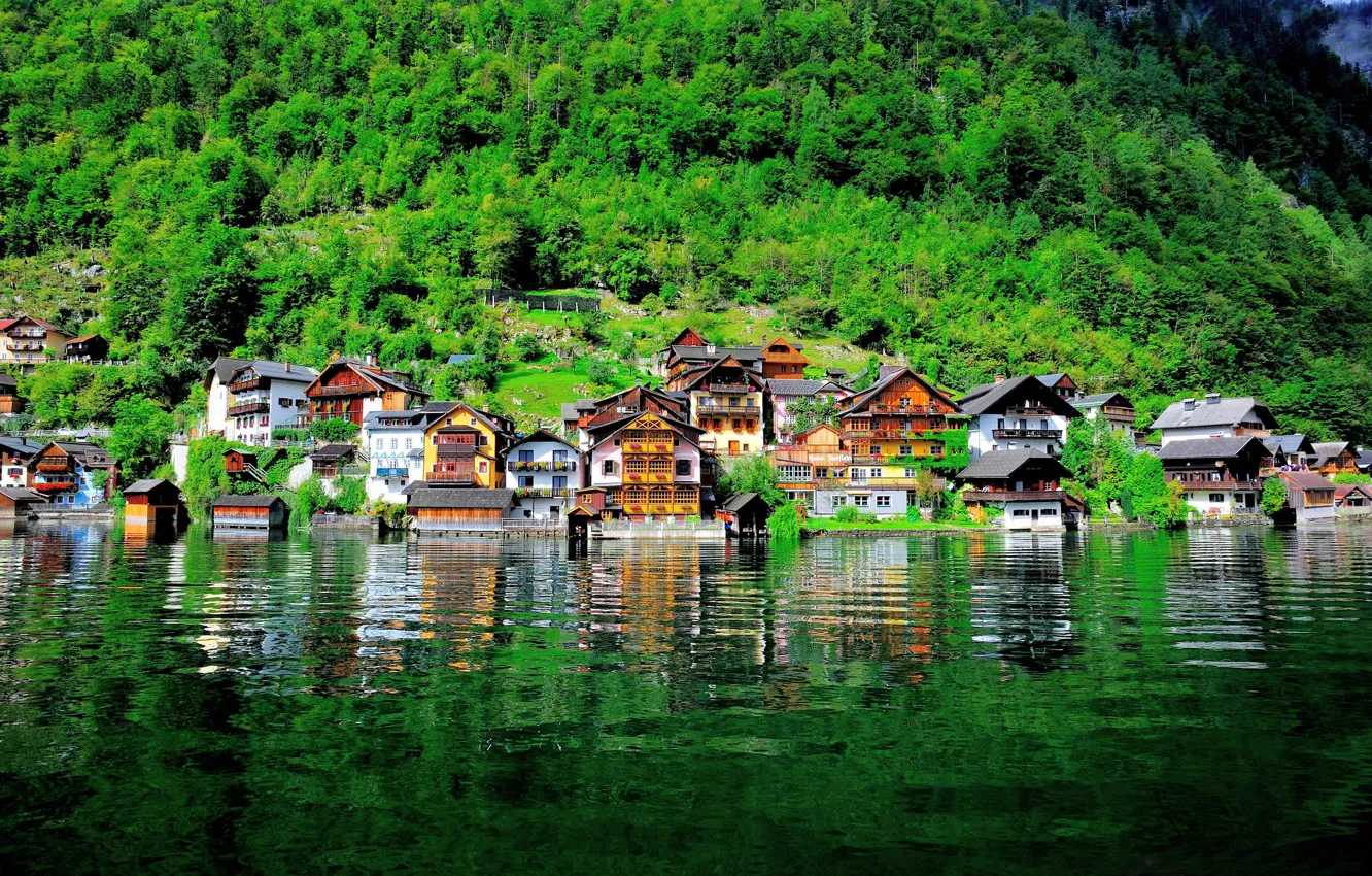 Photo wallpaper water, lake, building, home, Austria, slope, Austria, Hallstatt