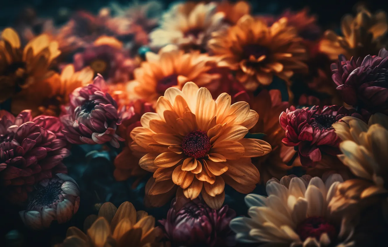 Photo wallpaper light, flowers, orange, bouquet, pink, different, a lot, composition