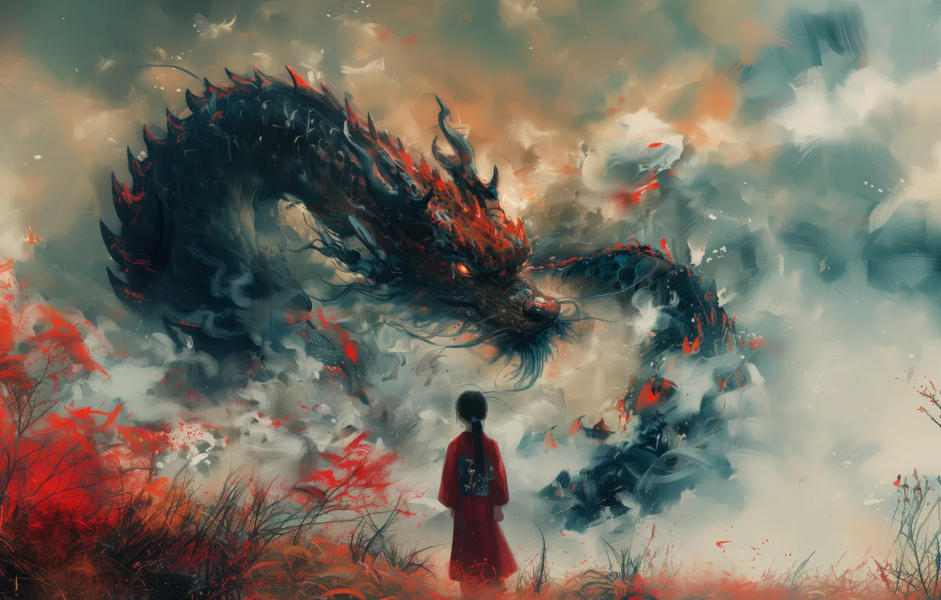 Photo wallpaper field, the sky, look, girl, clouds, clouds, dragon, snake