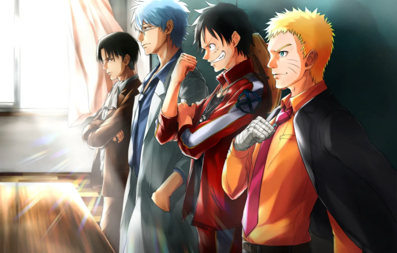 Photo wallpaper guys, Naruto, Naruto, One Piece, crossover, Gintama, Naruto Uzumaki, Shingeki No Kyojin