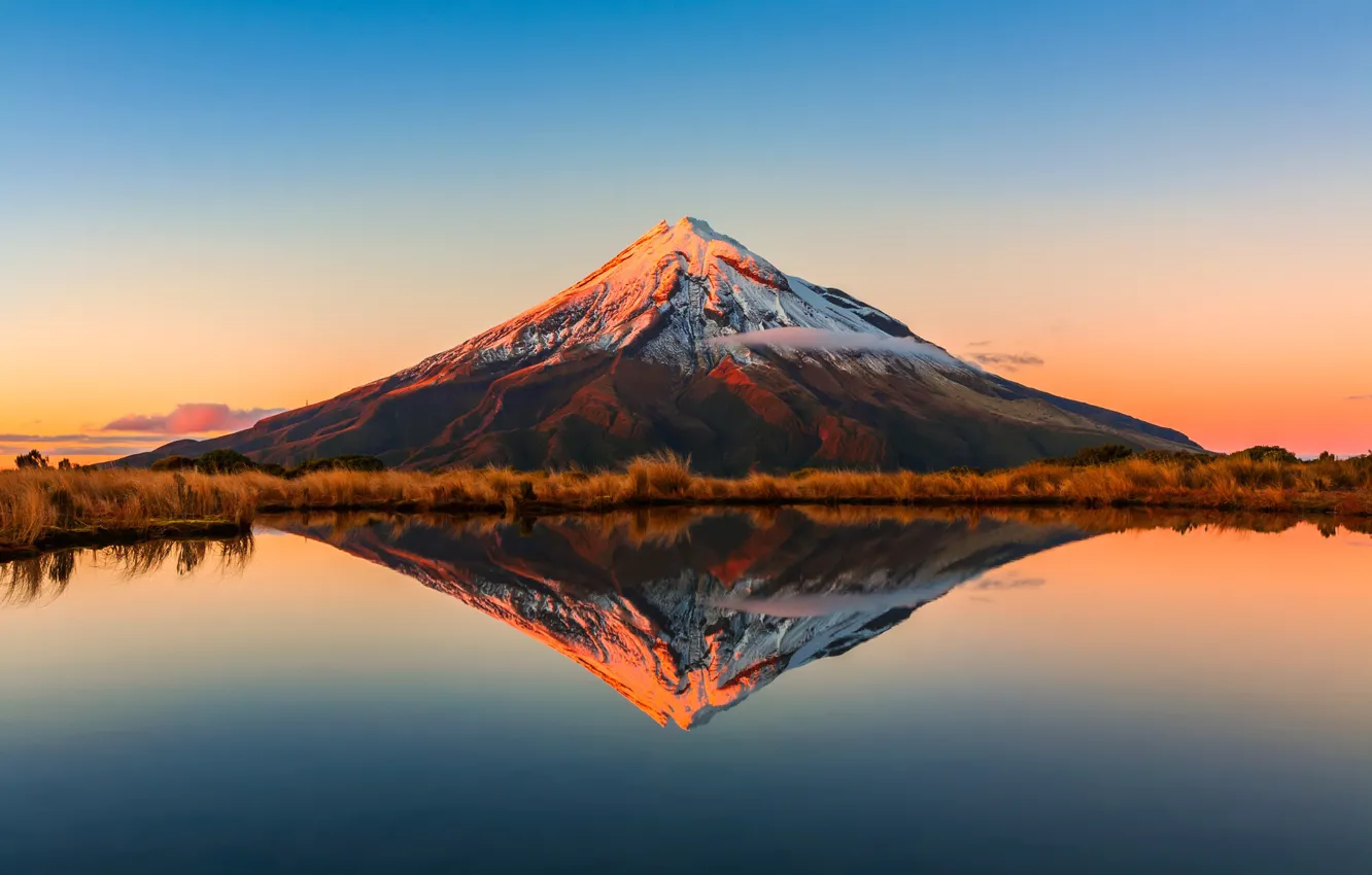 Photo wallpaper the sky, lake, reflection, MT Taranaki, New Zealand