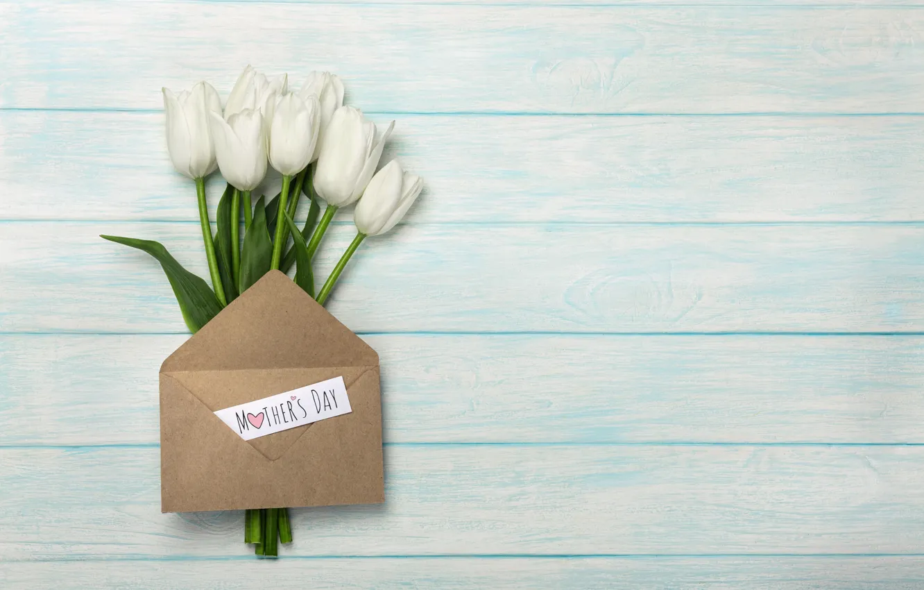 Photo wallpaper flowers, bouquet, tulips, the envelope, white tulips
