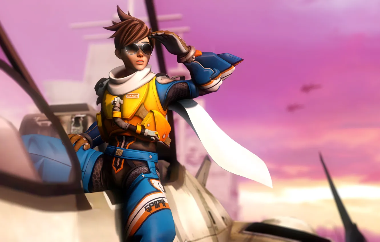 Photo wallpaper girl, glasses, costume, the plane, Overwatch, Tracer, Lena Oxton