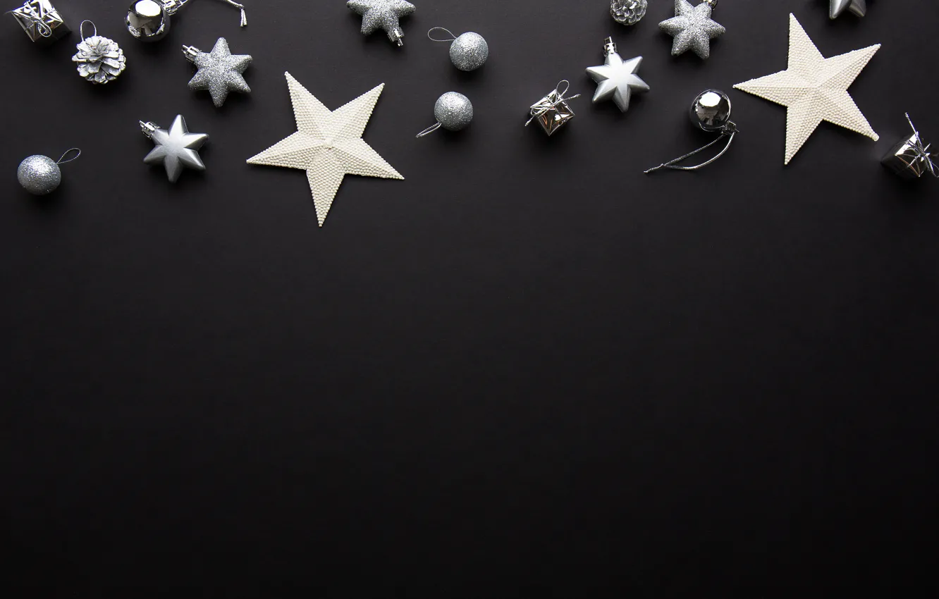 Photo wallpaper decoration, balls, New Year, Christmas, silver, black background, black, Christmas