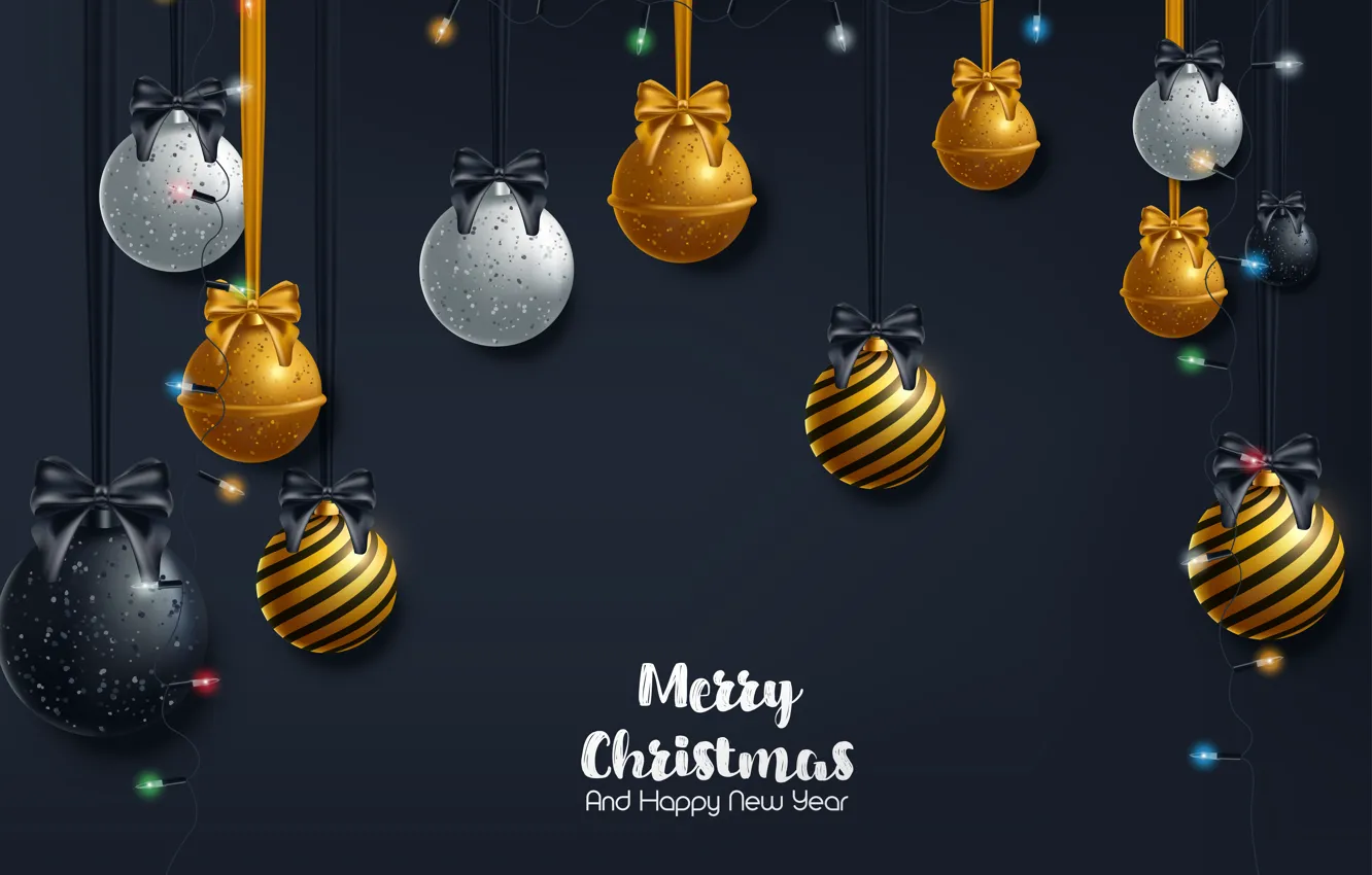 Photo wallpaper decoration, gold, balls, New Year, Christmas, golden, black background, Christmas