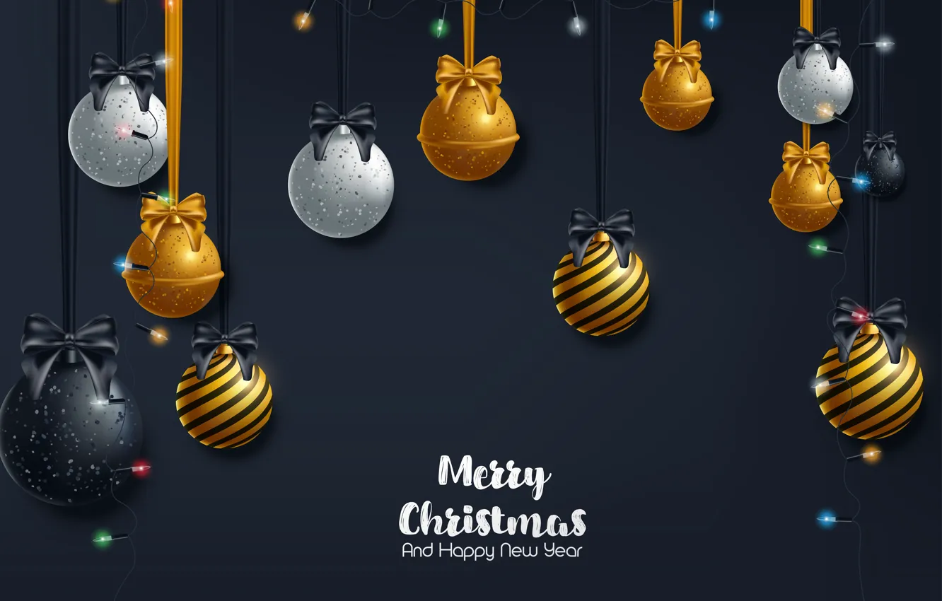 Photo wallpaper decoration, gold, balls, new year, Christmas, golden, black background, Christmas