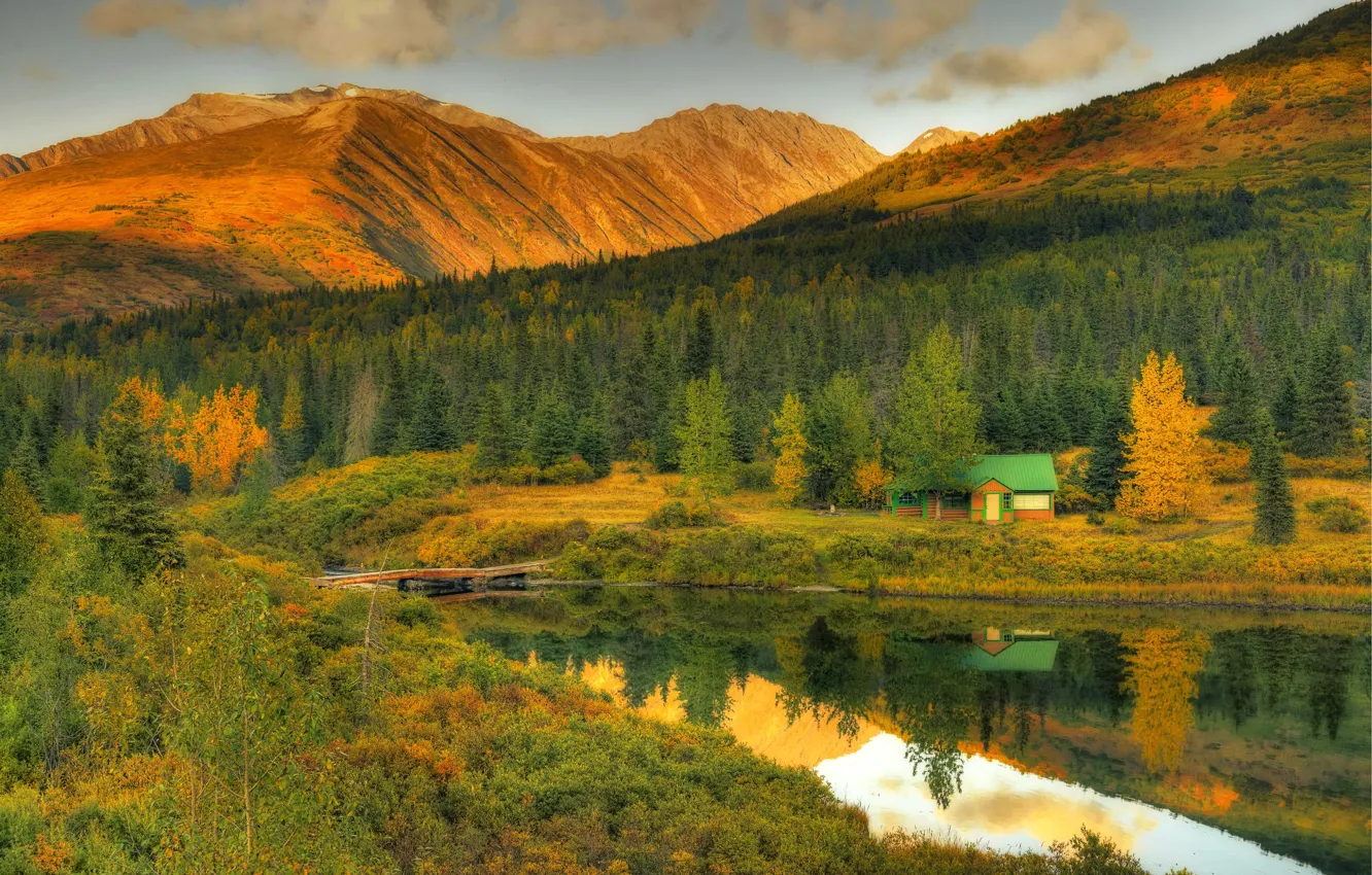 Photo wallpaper forest, sunset, mountains, lake, HDR, USA, Alaska, Autumn