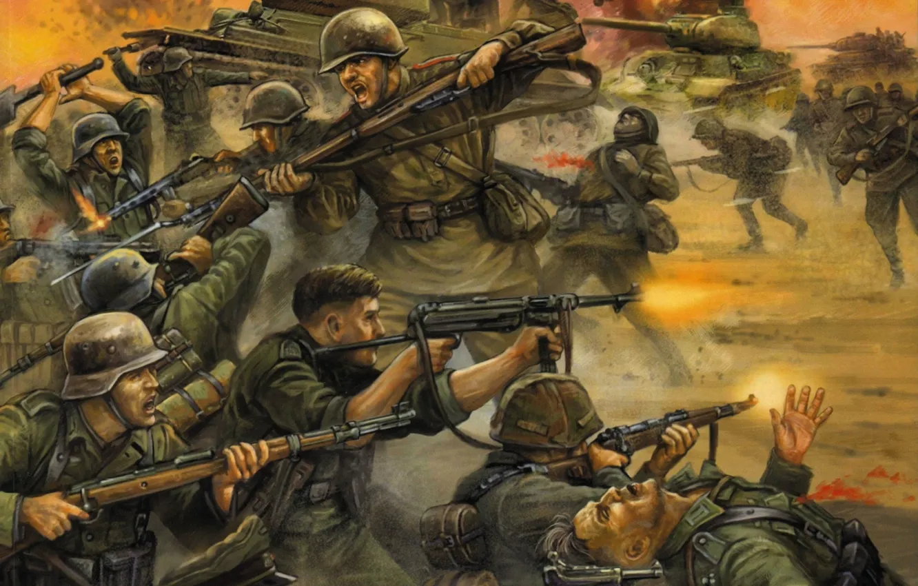 Photo wallpaper the explosion, lights, weapons, war, figure, soldiers, tank, shooting