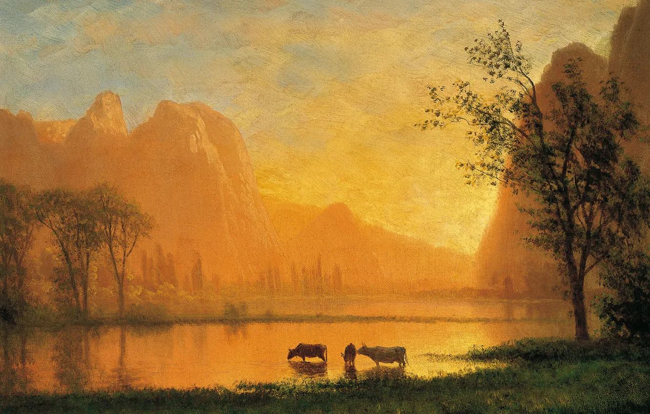 Photo wallpaper landscape, mountains, lake, picture, Sunset in Yosemite, Albert Bierstadt