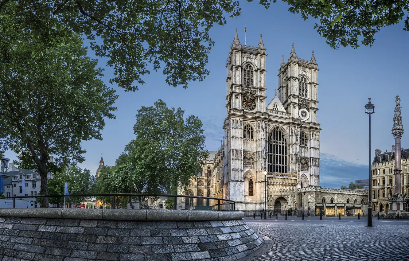 Photo wallpaper trees, watch, England, tower, area, lights, bridge, Palace