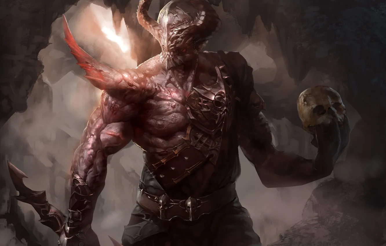 Photo wallpaper stones, rocks, skull, monster, sword, art, horns, cave