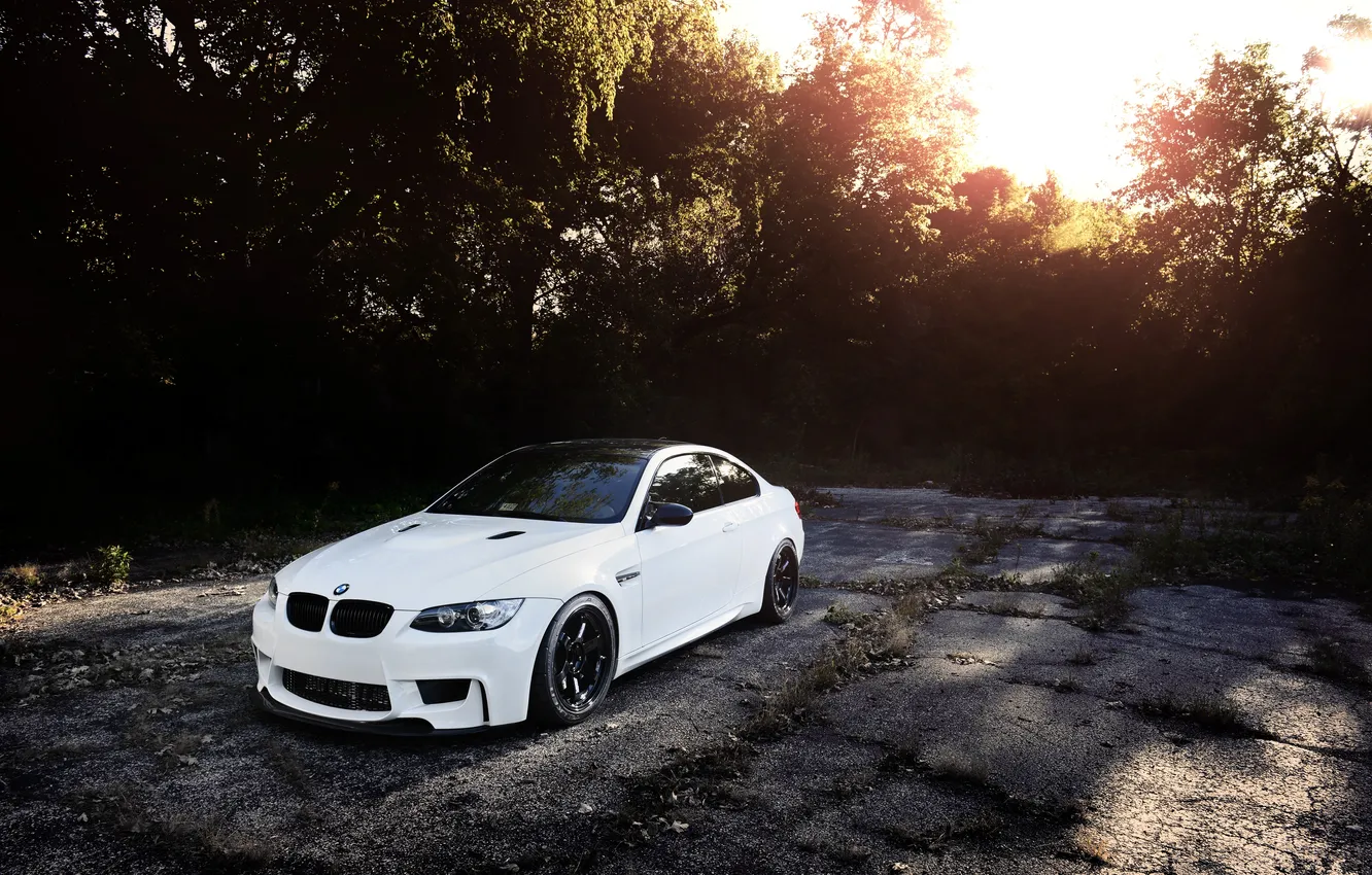 Photo wallpaper white, asphalt, cracked, bmw, BMW, white, e92, tinted
