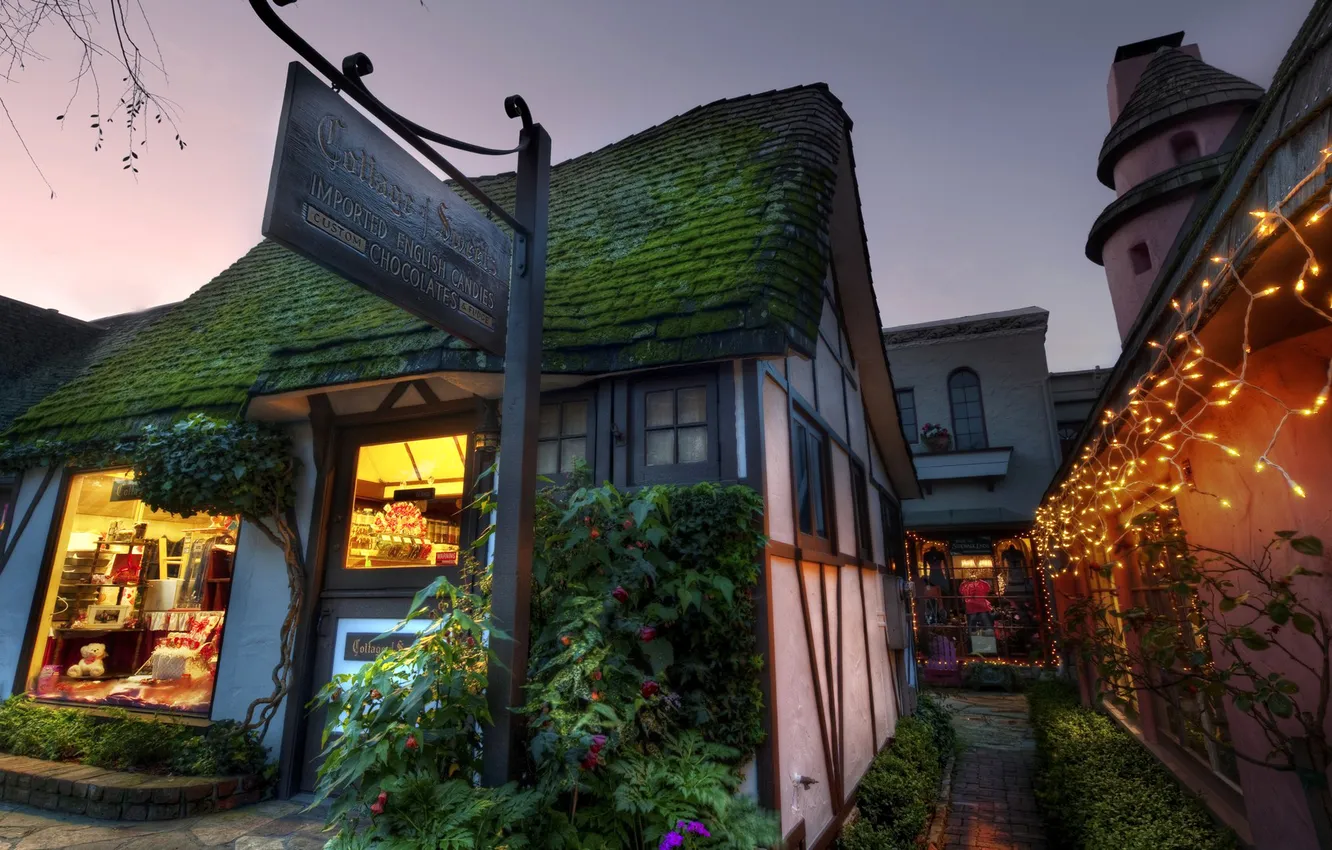 Photo wallpaper the sky, lights, street, HDR, home, the evening, shop