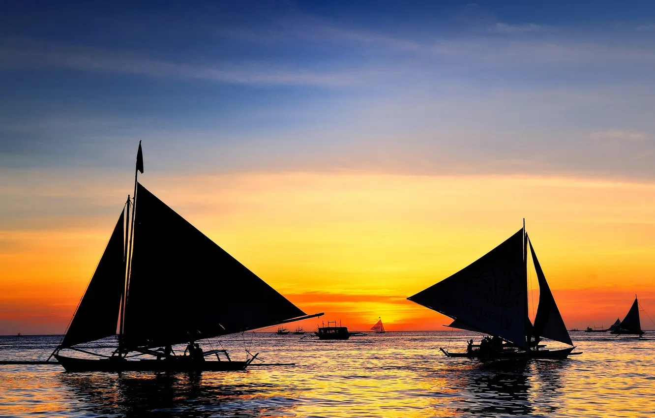 Photo wallpaper sea, sunset, ship, yacht, silhouette
