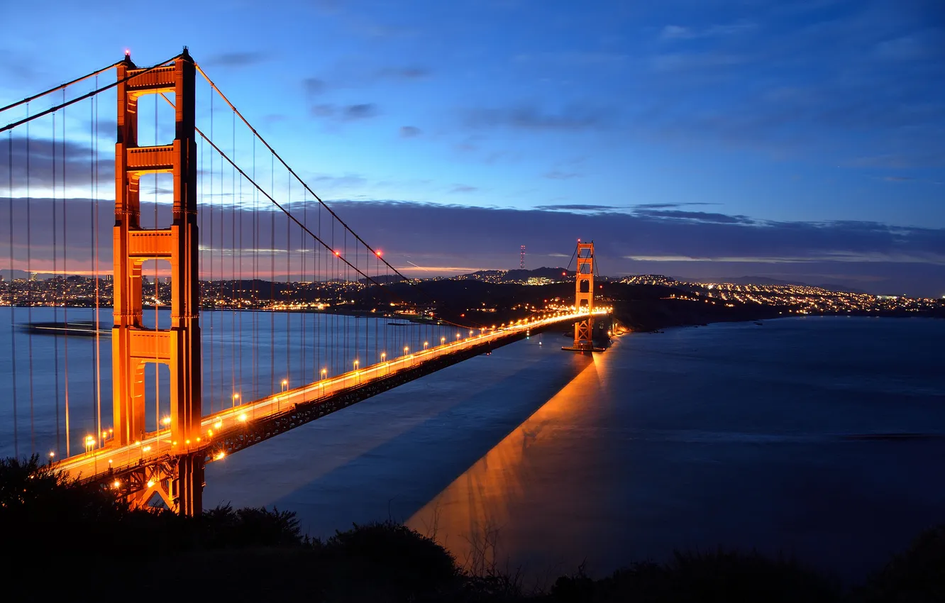 Photo wallpaper bridge, Strait, the evening, lighting, CA, San Francisco, Golden Gate, USA