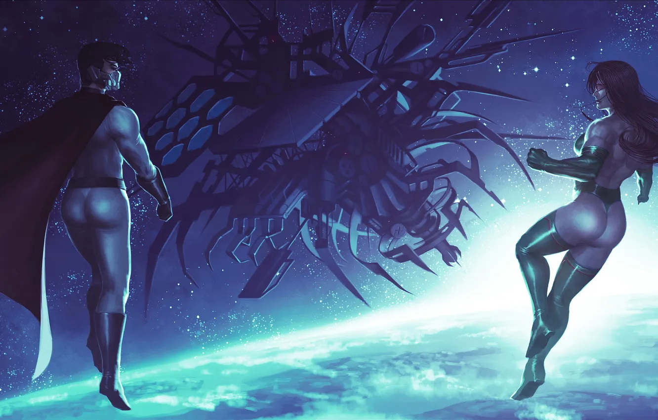 Photo wallpaper space, suit, space station, Superhero