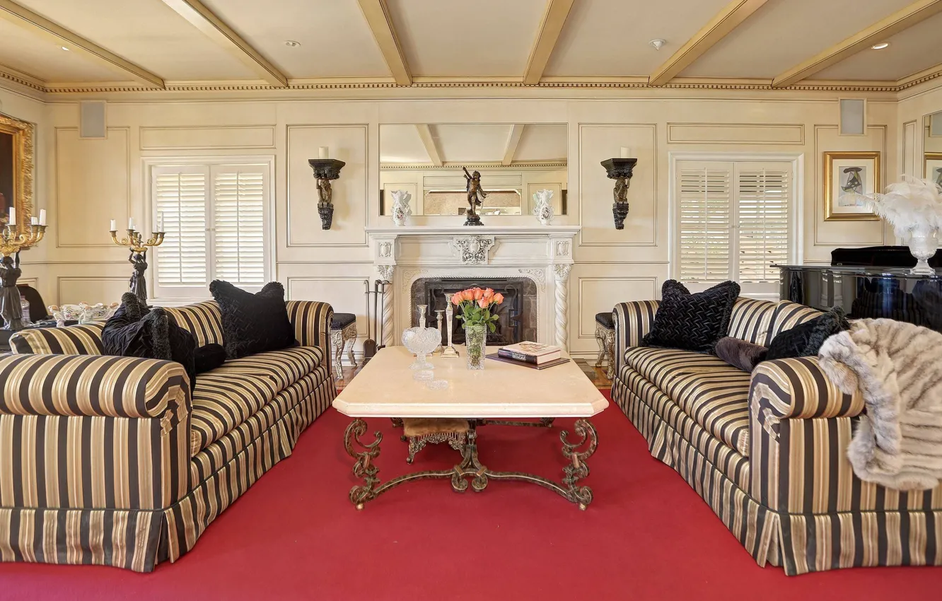 Photo wallpaper interior, picture, piano, fireplace, living room, Mediterranean Style, Barry Manilov's Mediterranean-style house, Barry Manilow home