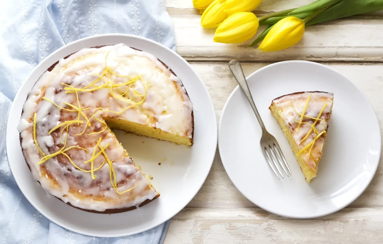 Photo wallpaper lemon, bouquet, tulips, cream, dessert, piece, peel, lemon pie