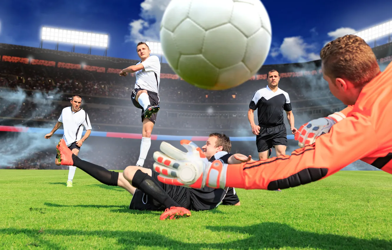 Photo wallpaper field, the sky, grass, the sun, clouds, jump, football, sport