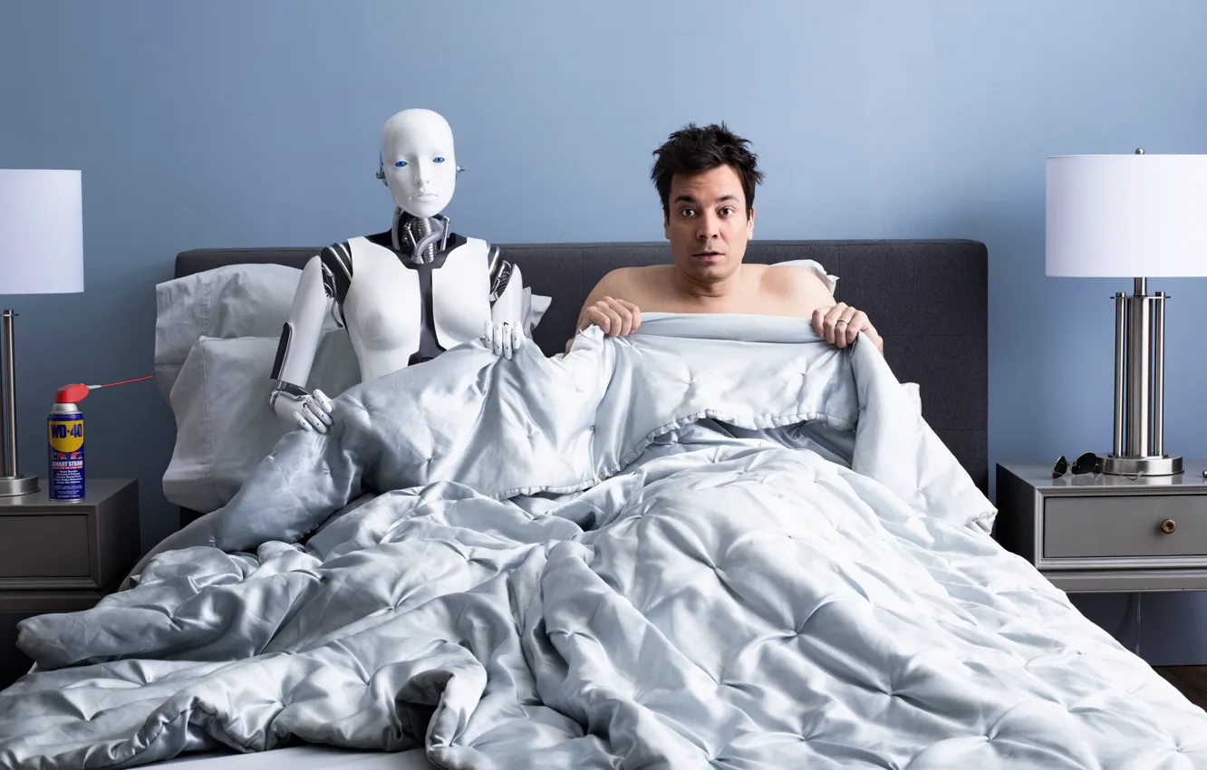 Photo wallpaper bed, robot, the situation, humor, male, bedroom, nightmare