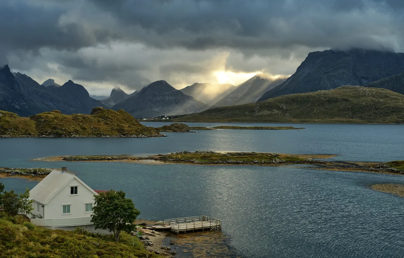 Photo wallpaper Lofoten, mountains, shore, pond, house, Norway